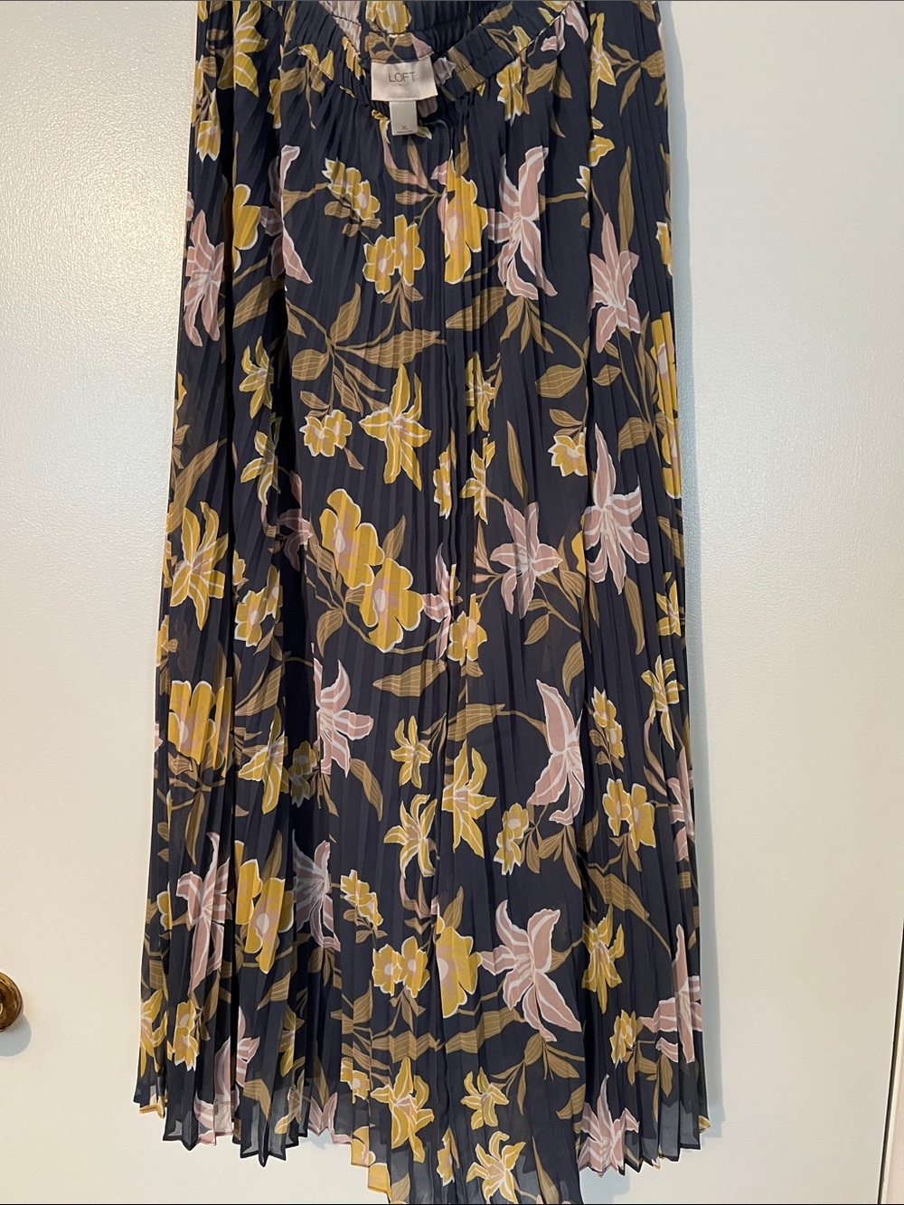 LOFT Navy Pleated Midi Skirt with Yellow & Pink Floral Print - Picture 3 of 4